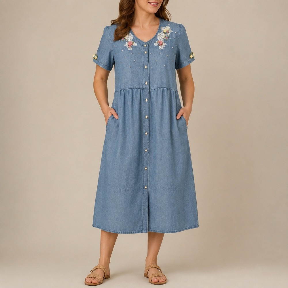 Miss & Mrs Vintage Denim Dress Floral Lace Pearl Button Midi Blue Women‎ S USA